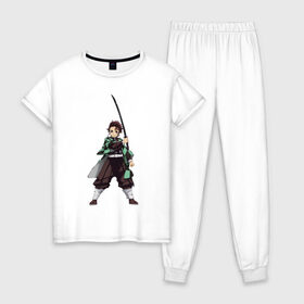 Женская пижама хлопок с принтом Tanjirou Kamado в Екатеринбурге, 100% хлопок | брюки и футболка прямого кроя, без карманов, на брюках мягкая резинка на поясе и по низу штанин | demon | demon slaying corps | kamado | slayer | tanjirou | камадо | танджиро | тандзиро
