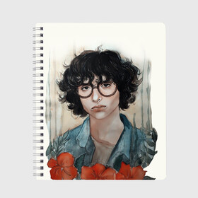 Тетрадь с принтом finn wolfhard в Екатеринбурге, 100% бумага | 48 листов, плотность листов — 60 г/м2, плотность картонной обложки — 250 г/м2. Листы скреплены сбоку удобной пружинной спиралью. Уголки страниц и обложки скругленные. Цвет линий — светло-серый
 | Тематика изображения на принте: finn wolfhard | очень странные дела | финн вулфард