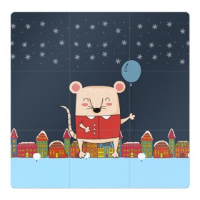 Магнитный плакат 3Х3 с принтом Крысенок с шариком в Екатеринбурге, Полимерный материал с магнитным слоем | 9 деталей размером 9*9 см | 2020 | mouse | rat | годкрысы | годмыши | зима | зимняя | крыса | мороз | мышка | мышь | новогодняя | новый год | новый год 2020 | рождество | симолгода | снег | холод