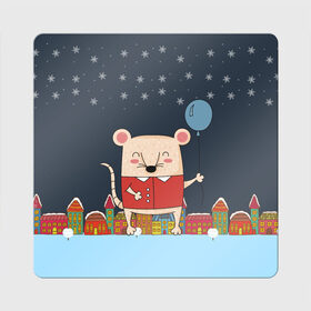 Магнит виниловый Квадрат с принтом Крысенок с шариком в Екатеринбурге, полимерный материал с магнитным слоем | размер 9*9 см, закругленные углы | 2020 | mouse | rat | годкрысы | годмыши | зима | зимняя | крыса | мороз | мышка | мышь | новогодняя | новый год | новый год 2020 | рождество | симолгода | снег | холод