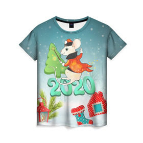 Женская футболка 3D с принтом Новый 2020 год в Екатеринбурге, 100% полиэфир ( синтетическое хлопкоподобное полотно) | прямой крой, круглый вырез горловины, длина до линии бедер | 2020 | mouse | rat | годкрысы | годмыши | зима | зимняя | крыса | мороз | мышка | мышь | новогодняя | новый год | новый год 2020 | рождество | симолгода | снег | холод