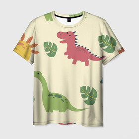 Мужская футболка 3D с принтом Динозаврики в Екатеринбурге, 100% полиэфир | прямой крой, круглый вырез горловины, длина до линии бедер | dinosaurs | динозавр | динозавры | животные | игрушки | мульт динозавры | мультяшки динозавры | тиранозавр