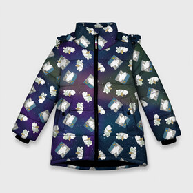 Зимняя куртка для девочек 3D с принтом ICe bear (pattern) в Екатеринбурге, ткань верха — 100% полиэстер; подклад — 100% полиэстер, утеплитель — 100% полиэстер. | длина ниже бедра, удлиненная спинка, воротник стойка и отстегивающийся капюшон. Есть боковые карманы с листочкой на кнопках, утяжки по низу изделия и внутренний карман на молнии. 

Предусмотрены светоотражающий принт на спинке, радужный светоотражающий элемент на пуллере молнии и на резинке для утяжки. | baby bears | bare bears | charle and bears | dsgngerzen | grizz | iсebear | panda | panpan | selfie panpan | vdgerir | вся правда о медведях
