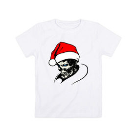 Детская футболка хлопок с принтом Новогодний череп в Екатеринбурге, 100% хлопок | круглый вырез горловины, полуприлегающий силуэт, длина до линии бедер | Тематика изображения на принте: clause | santa | дед | клаус | мороз | новый год | санта | санта клаус | скелет | череп