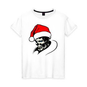 Женская футболка хлопок с принтом Новогодний череп в Екатеринбурге, 100% хлопок | прямой крой, круглый вырез горловины, длина до линии бедер, слегка спущенное плечо | clause | santa | дед | клаус | мороз | новый год | санта | санта клаус | скелет | череп