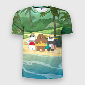 Мужская футболка 3D спортивная с принтом Bears on the beach в Екатеринбурге, 100% полиэстер с улучшенными характеристиками | приталенный силуэт, круглая горловина, широкие плечи, сужается к линии бедра | Тематика изображения на принте: baby bears | bare bears | charle and bears | dsgngerzen | grizz | iсebear | panda | panpan | selfie panpan | vdgerir | we bare bears | вся правда о медведях