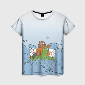Женская футболка 3D с принтом Bears on a turtle в Екатеринбурге, 100% полиэфир ( синтетическое хлопкоподобное полотно) | прямой крой, круглый вырез горловины, длина до линии бедер | baby bears | bare bears | charle and bears | dsgngerzen | grizz | iсebear | panda | panpan | selfie panpan | vdgerir | we bare bears | вся правда о медведях