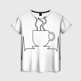 Женская футболка 3D с принтом Чашечку кофе? в Екатеринбурге, 100% полиэфир ( синтетическое хлопкоподобное полотно) | прямой крой, круглый вырез горловины, длина до линии бедер | бариста | бармен | вкус | кардиограмма | кофе | кофеман | напиток | подача | профессия | хобби | чашка