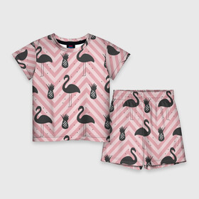 Детский костюм с шортами 3D с принтом Черный фламинго в Екатеринбурге,  |  | animal | bird | flamingo | pink | pnik flamingo | животные | птицы | розовый | розовый фламинго | фламинго
