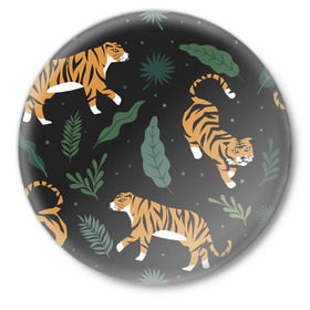 Значок с принтом Тропический тигр в Екатеринбурге,  металл | круглая форма, металлическая застежка в виде булавки | tiger | гепард | дикие кошки | животные | кот | кошки | пантера | тигр | тигры