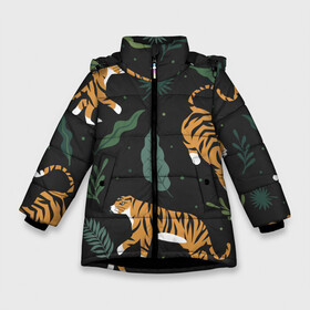 Зимняя куртка для девочек 3D с принтом Тропический тигр в Екатеринбурге, ткань верха — 100% полиэстер; подклад — 100% полиэстер, утеплитель — 100% полиэстер. | длина ниже бедра, удлиненная спинка, воротник стойка и отстегивающийся капюшон. Есть боковые карманы с листочкой на кнопках, утяжки по низу изделия и внутренний карман на молнии. 

Предусмотрены светоотражающий принт на спинке, радужный светоотражающий элемент на пуллере молнии и на резинке для утяжки. | tiger | гепард | дикие кошки | животные | кот | кошки | пантера | тигр | тигры