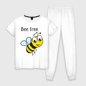 Женская пижама хлопок с принтом Bee free в Екатеринбурге, 100% хлопок | брюки и футболка прямого кроя, без карманов, на брюках мягкая резинка на поясе и по низу штанин | azmart | bee free