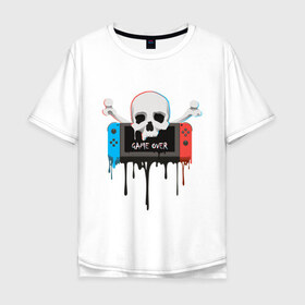 Мужская футболка хлопок Oversize с принтом Game Over в Екатеринбурге, 100% хлопок | свободный крой, круглый ворот, “спинка” длиннее передней части | console | game | game over | nintendo | skull | switch | глюк | игра | консоль | кости | нинтендо | свитч | череп