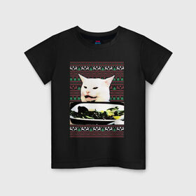 Детская футболка хлопок с принтом Woman yelling at Cat meme в Екатеринбурге, 100% хлопок | круглый вырез горловины, полуприлегающий силуэт, длина до линии бедер | девушка кричит на кота | кот за столом | кот за столом мем | кричат на кота | кричат на кота мем | мем кот за столом | мем кричат на кота
