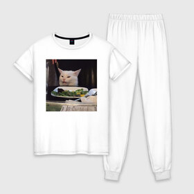 Женская пижама хлопок с принтом мемная картинка с котом в Екатеринбурге, 100% хлопок | брюки и футболка прямого кроя, без карманов, на брюках мягкая резинка на поясе и по низу штанин | кот | котэ | кошка | мем | прикол | фотография