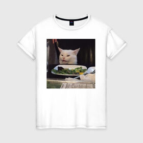 Женская футболка хлопок с принтом мемная картинка с котом в Екатеринбурге, 100% хлопок | прямой крой, круглый вырез горловины, длина до линии бедер, слегка спущенное плечо | кот | котэ | кошка | мем | прикол | фотография