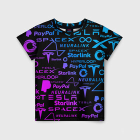 Детская футболка 3D с принтом ЛОГОТИПЫ ПРОЕКТОВ ИЛОНА МАСКА. в Екатеринбурге, 100% гипоаллергенный полиэфир | прямой крой, круглый вырез горловины, длина до линии бедер, чуть спущенное плечо, ткань немного тянется | elon musk | hyperloop | neuralink | pattern | paypal | spacex | starlink | tesla | американский предприниматель | изобретатель | илон маск | инвестор | инженер | паттерн | тесла