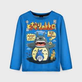Детский лонгслив 3D с принтом My Neighbor Totoro заяц на синем в Екатеринбурге, 100% полиэстер | длинные рукава, круглый вырез горловины, полуприлегающий силуэт
 | Тематика изображения на принте: anime | hayao miyazaki | japanese | meme | miyazaki | piano | studio ghibli | tokyo | totoro | гибли | котобус | мой | сосед | сусуватари | тонари | тоторо | хаяо миядзаки