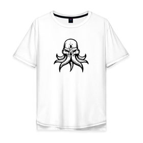 Мужская футболка хлопок Oversize с принтом Ктулху в Екатеринбурге, 100% хлопок | свободный крой, круглый ворот, “спинка” длиннее передней части | ктулху | минимализм | тьма | череп