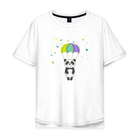 Мужская футболка хлопок Oversize с принтом Панда на парашюте в Екатеринбурге, 100% хлопок | свободный крой, круглый ворот, “спинка” длиннее передней части | панда | панда на парашюте | рисунок | сердечки