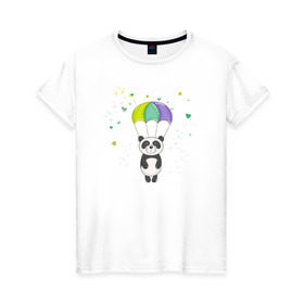 Женская футболка хлопок с принтом Панда на парашюте в Екатеринбурге, 100% хлопок | прямой крой, круглый вырез горловины, длина до линии бедер, слегка спущенное плечо | Тематика изображения на принте: панда | панда на парашюте | рисунок | сердечки