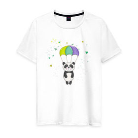 Мужская футболка хлопок с принтом Панда на парашюте в Екатеринбурге, 100% хлопок | прямой крой, круглый вырез горловины, длина до линии бедер, слегка спущенное плечо. | панда | панда на парашюте | рисунок | сердечки