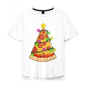 Мужская футболка хлопок Oversize с принтом Новогодняя Пицца в Екатеринбурге, 100% хлопок | свободный крой, круглый ворот, “спинка” длиннее передней части | 