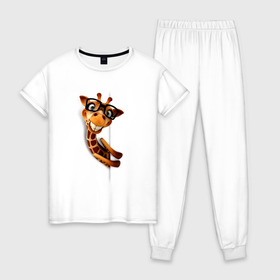 Женская пижама хлопок с принтом Жираф в Екатеринбурге, 100% хлопок | брюки и футболка прямого кроя, без карманов, на брюках мягкая резинка на поясе и по низу штанин | животное | животное в очках | жираф | жираф в очках | забавное | рисунок
