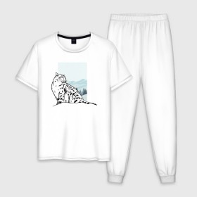 Мужская пижама хлопок с принтом Снежный Леопард в Екатеринбурге, 100% хлопок | брюки и футболка прямого кроя, без карманов, на брюках мягкая резинка на поясе и по низу штанин
 | leopard | snow | winter | зима | леопард | снег | снежный