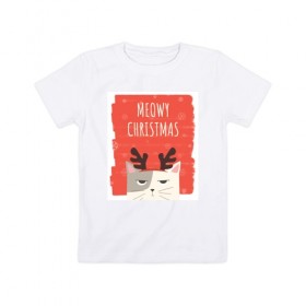 Детская футболка хлопок с принтом MEOWY CHRISTMAS в Екатеринбурге, 100% хлопок | круглый вырез горловины, полуприлегающий силуэт, длина до линии бедер | животные | кот | кошки | новый год | праздник | прикол | рождество | смешное