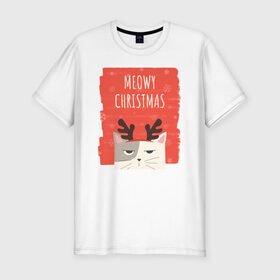 Мужская футболка премиум с принтом MEOWY CHRISTMAS в Екатеринбурге, 92% хлопок, 8% лайкра | приталенный силуэт, круглый вырез ворота, длина до линии бедра, короткий рукав | Тематика изображения на принте: животные | кот | кошки | новый год | праздник | прикол | рождество | смешное