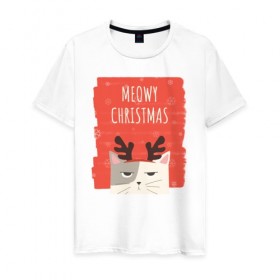 Мужская футболка хлопок с принтом MEOWY CHRISTMAS в Екатеринбурге, 100% хлопок | прямой крой, круглый вырез горловины, длина до линии бедер, слегка спущенное плечо. | животные | кот | кошки | новый год | праздник | прикол | рождество | смешное