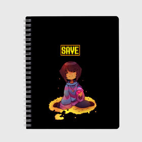 Тетрадь с принтом UNDERTALE FRISK в Екатеринбурге, 100% бумага | 48 листов, плотность листов — 60 г/м2, плотность картонной обложки — 250 г/м2. Листы скреплены сбоку удобной пружинной спиралью. Уголки страниц и обложки скругленные. Цвет линий — светло-серый
 | Тематика изображения на принте: chara | frisk | sans | undertale | андертале | андертейл | игра | подземная история | подземная сказка | санс | ундертале | фриск | чара