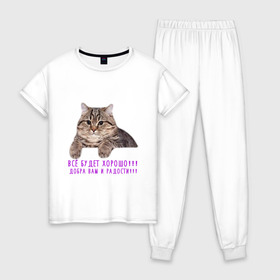 Женская пижама хлопок с принтом Дружелюбный кот в Екатеринбурге, 100% хлопок | брюки и футболка прямого кроя, без карманов, на брюках мягкая резинка на поясе и по низу штанин | cat | fun | добрый | забавная | кот | котик | мем | надпись | прикол | слова | смешная