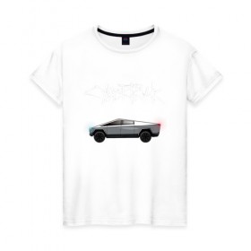 Женская футболка хлопок с принтом Tesla Cybertruck в Екатеринбурге, 100% хлопок | прямой крой, круглый вырез горловины, длина до линии бедер, слегка спущенное плечо | car | cybertruck | elon musk | tesla | tesla cybertruck | кибертрак | тесла | тесла кибертрак