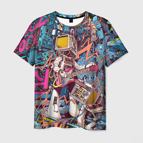 Мужская футболка 3D с принтом Space Hardrock Machine в Екатеринбурге, 100% полиэфир | прямой крой, круглый вырез горловины, длина до линии бедер | rock | гитара | космонавт | космос | музыка | робот | рок | хард рок | электроника | электронная музыка