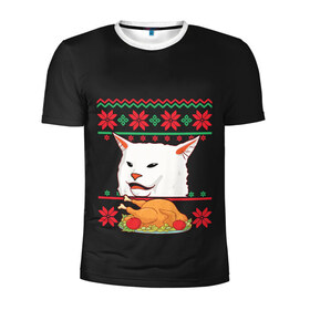 Мужская футболка 3D спортивная с принтом Woman Yelling at Cat в Екатеринбурге, 100% полиэстер с улучшенными характеристиками | приталенный силуэт, круглая горловина, широкие плечи, сужается к линии бедра | Тематика изображения на принте: cat | cats | christmas | mem | meme | memes | new year | xmas | вязаный | женщина | кот | кричит | мем | мемы | на кота | новый год | рождество | свитер