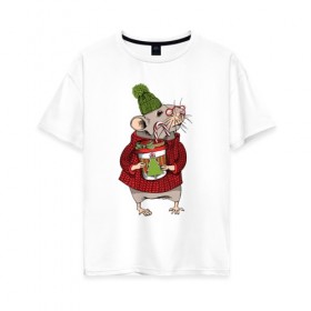 Женская футболка хлопок Oversize с принтом Милая новогодняя мышка с кофе в Екатеринбурге, 100% хлопок | свободный крой, круглый ворот, спущенный рукав, длина до линии бедер
 | 