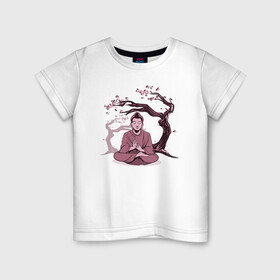Детская футболка хлопок с принтом Будда Сакура в Екатеринбурге, 100% хлопок | круглый вырез горловины, полуприлегающий силуэт, длина до линии бедер | Тематика изображения на принте: buddha | medidate | medidation | sakura | yoga | буда | будда | йога | медитация | сакура | япония