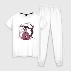 Женская пижама хлопок с принтом Будда Сакура в Екатеринбурге, 100% хлопок | брюки и футболка прямого кроя, без карманов, на брюках мягкая резинка на поясе и по низу штанин | buddha | medidate | medidation | sakura | yoga | буда | будда | йога | медитация | сакура | япония