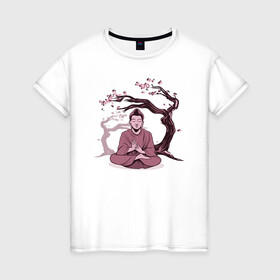 Женская футболка хлопок с принтом Будда Сакура в Екатеринбурге, 100% хлопок | прямой крой, круглый вырез горловины, длина до линии бедер, слегка спущенное плечо | buddha | medidate | medidation | sakura | yoga | буда | будда | йога | медитация | сакура | япония