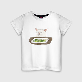 Детская футболка хлопок с принтом Woman Yelling At Cat Meme в Екатеринбурге, 100% хлопок | круглый вырез горловины, полуприлегающий силуэт, длина до линии бедер | cat | cat meme | женщина кричит на кота | интернет | кот | кот мем | котейка | котенок | кошак | мем | приколы