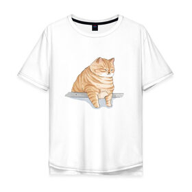 Мужская футболка хлопок Oversize с принтом Толстый Кот в Екатеринбурге, 100% хлопок | свободный крой, круглый ворот, “спинка” длиннее передней части | cat | cat meme | интернет | кот | кот кусь | кот мем | котейка | котенок | кошак | мем | мем с котом | мемы с котиками | приколы | удивленный кот мем