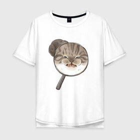 Мужская футболка хлопок Oversize с принтом Злой Кот в Екатеринбурге, 100% хлопок | свободный крой, круглый ворот, “спинка” длиннее передней части | cat | cat meme | интернет | кот | кот кусь | кот мем | котейка | котенок | кошак | мем | мем с котом | мемы с котиками | приколы | удивленный кот мем