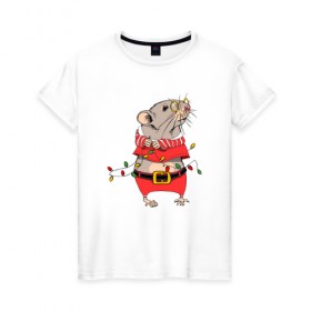 Женская футболка хлопок с принтом Новогодняя мышка с гирляндой в Екатеринбурге, 100% хлопок | прямой крой, круглый вырез горловины, длина до линии бедер, слегка спущенное плечо | 