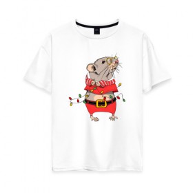 Женская футболка хлопок Oversize с принтом Новогодняя мышка с гирляндой в Екатеринбурге, 100% хлопок | свободный крой, круглый ворот, спущенный рукав, длина до линии бедер
 | 