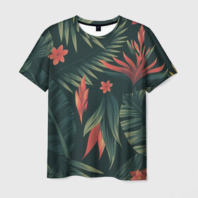 Мужская футболка 3D с принтом Тропический комуфляж в Екатеринбурге, 100% полиэфир | прямой крой, круглый вырез горловины, длина до линии бедер | букет | бутон | джунгли | зелёный | красный | лепестки | лепесток | лес | листья | папоротник | синий | тропики | цветок