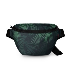 Поясная сумка 3D с принтом Пальмовый узор в Екатеринбурге, 100% полиэстер | плотная ткань, ремень с регулируемой длиной, внутри несколько карманов для мелочей, основное отделение и карман с обратной стороны сумки застегиваются на молнию | джунгли | зелёный | лепестки | лепесток | лес | листья | пальма | пальмы | папоротник | салатовый | тропики | черный
