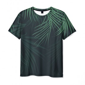 Мужская футболка 3D с принтом Пальмовый узор в Екатеринбурге, 100% полиэфир | прямой крой, круглый вырез горловины, длина до линии бедер | Тематика изображения на принте: джунгли | зелёный | лепестки | лепесток | лес | листья | пальма | пальмы | папоротник | салатовый | тропики | черный
