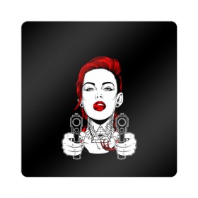 Магнит виниловый Квадрат с принтом Woman is holding a gun в Екатеринбурге, полимерный материал с магнитным слоем | размер 9*9 см, закругленные углы | girl | guns | tattoo | woman | девушка | красотка | масоны | оружие | пистолеты | тату | треугольник